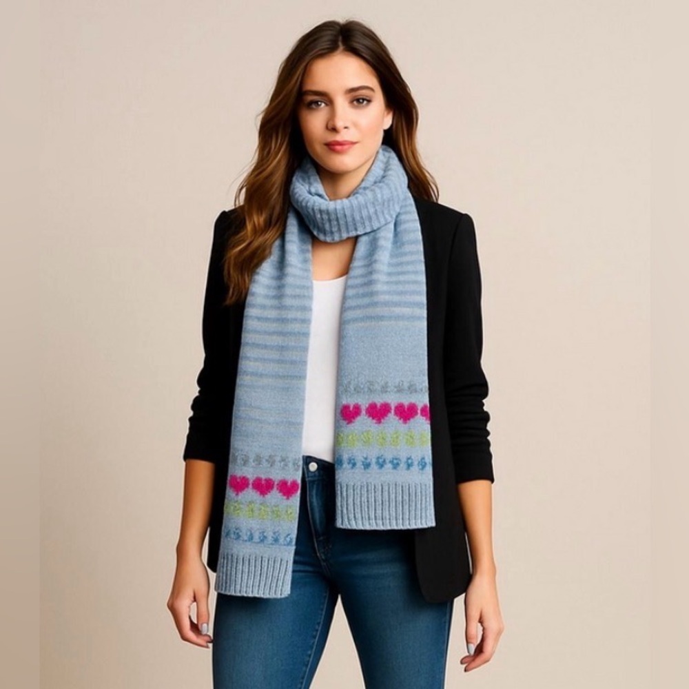 Dearfoams Fairisle Striped Scarf with Hearts, Sequins, Fray, Pink, Green - Picture 1 of 16